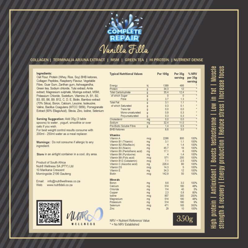 Complete Repair Vanilla Filla Back Product Label