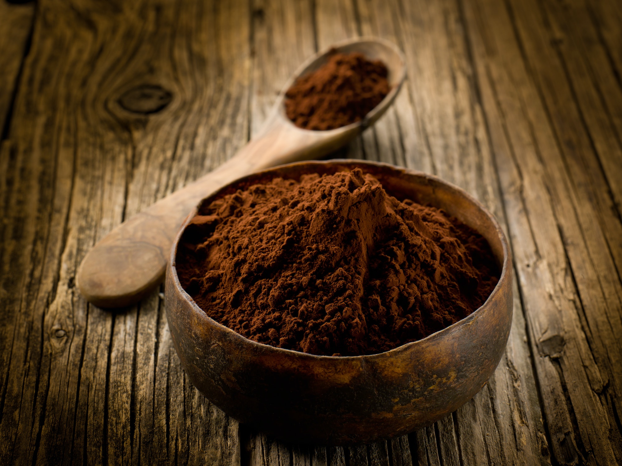 cacao powder on wood bowl